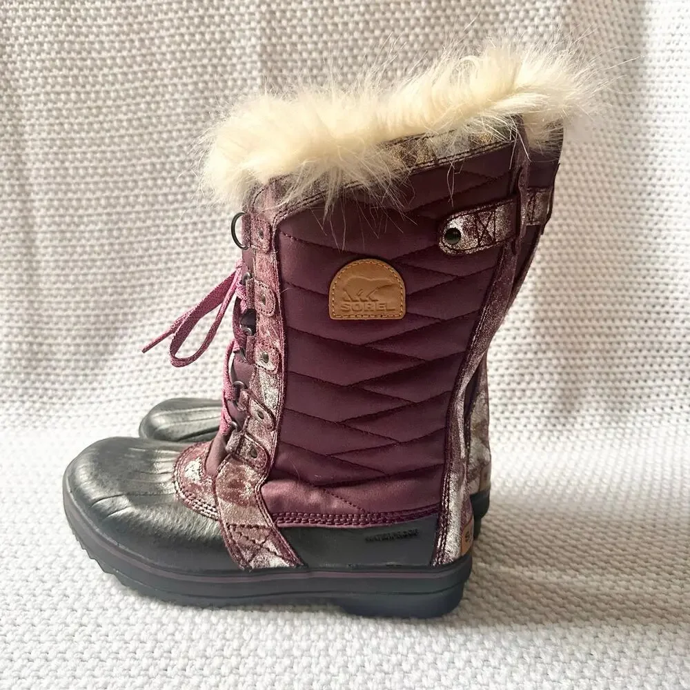 Sorel Purple Magenta Metallic Tofino Fur Mid Calf Winter Boots NY2325 7 Kids NWT